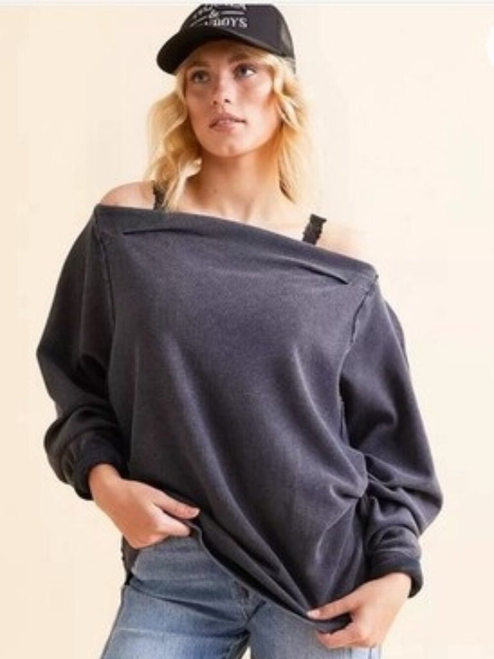 Free People NWT Sammie Off The Shoulder Grey Waffle Knit Thermal Top Size Medium